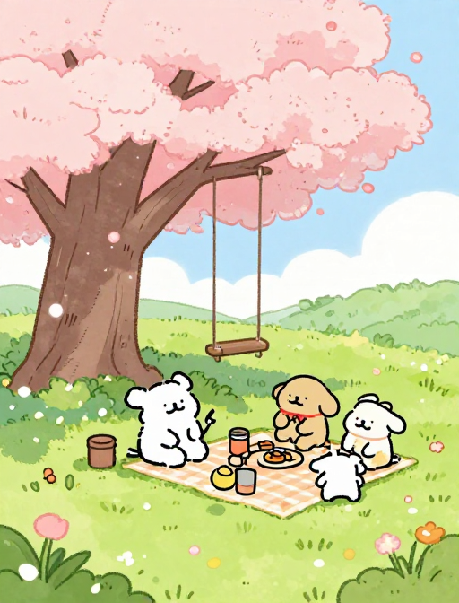 水彩童话:春日樱花树下兔家野餐