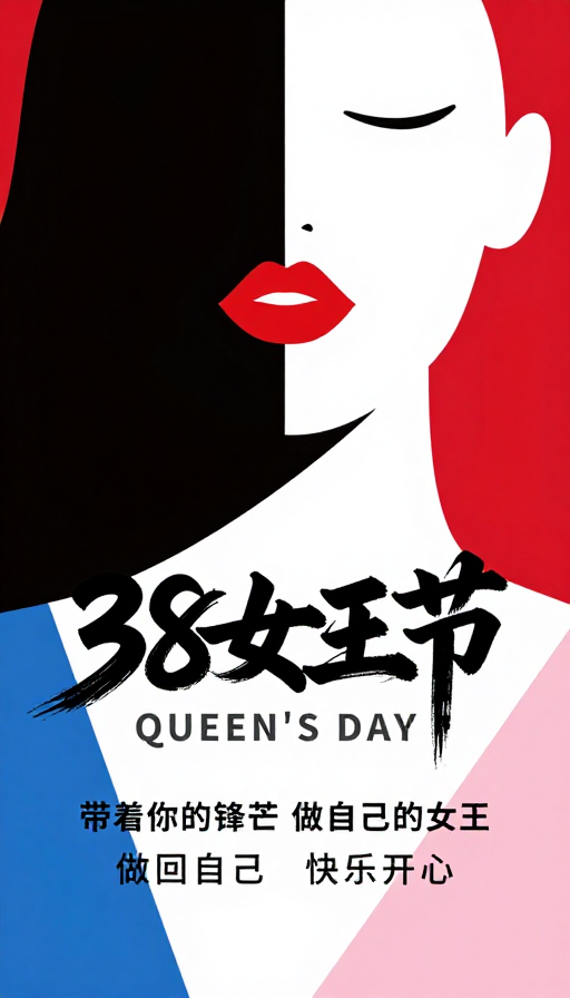 极简几何色块演绎38女王节女性力量海报