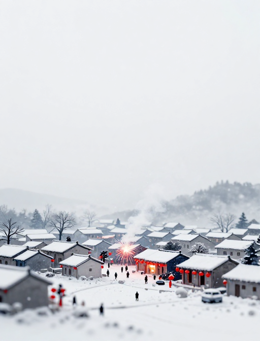 水墨冬夜：微距雪村与烟火盛宴