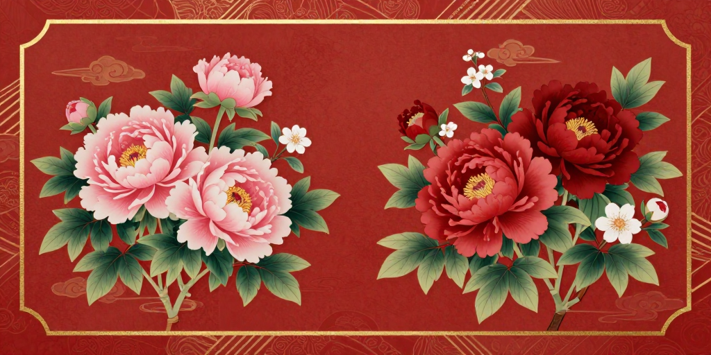 传统工笔牡丹花插画，古典富贵与祥云纹样
