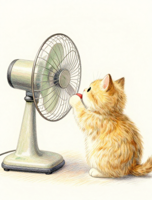 金渐层猫咪吹电风扇的治愈插画