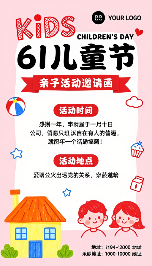 温馨61儿童节亲子活动插画邀请函