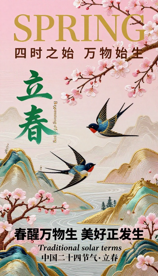 中国风刺绣立春海报:粉金绿渐变传统节气之美