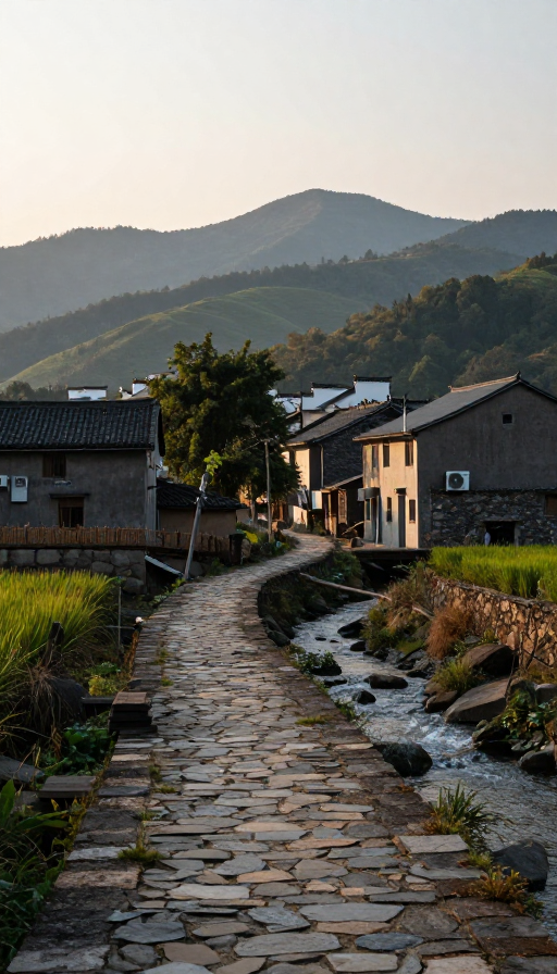 静谧山村:石径蜿蜒,远山层叠,光影隐现