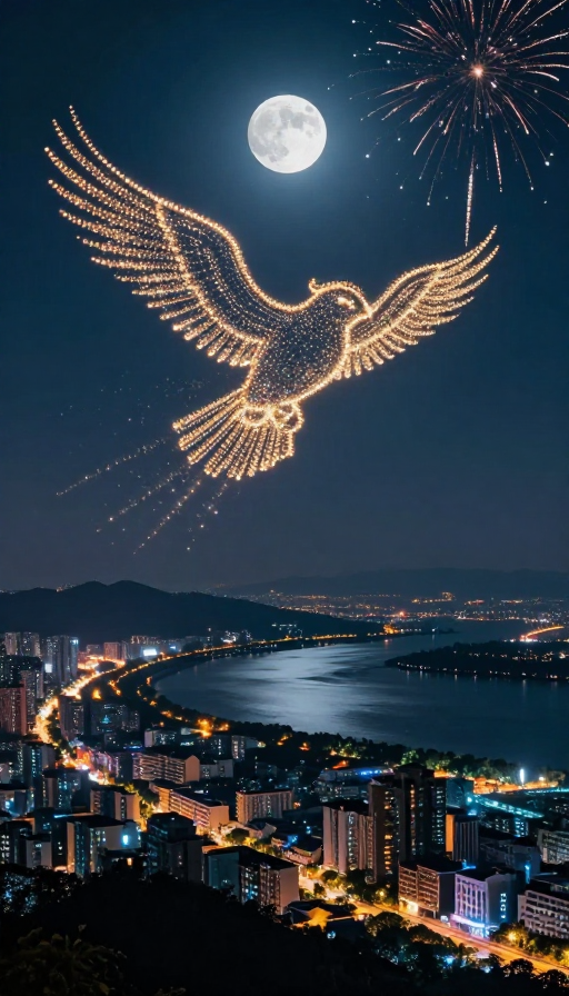 月光下的中国夜景：灯火与大鹏的梦幻交织