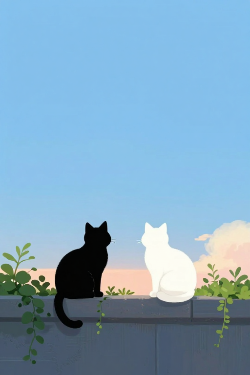 黑猫白猫绿植墙上的治愈瞬间
