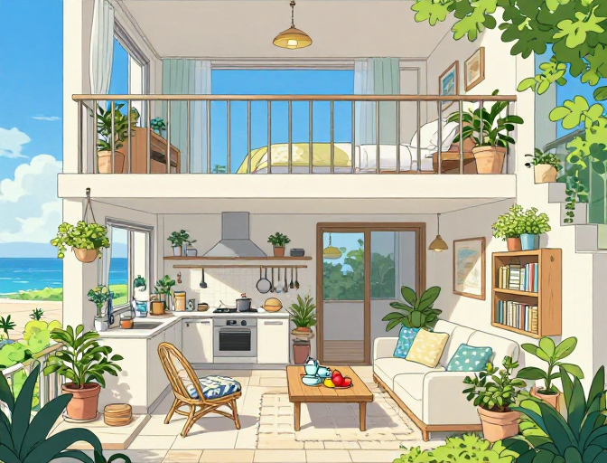 治愈系动漫风现代住宅：温馨海景厨房与卧室插图