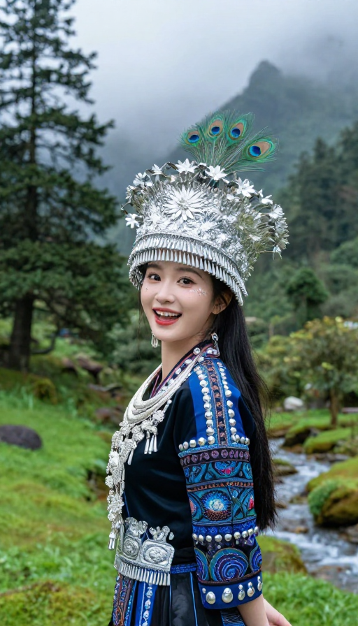 孔雀公主漫步高山森林,民族服饰与翠景相映成画