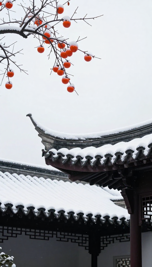 雪后江南古典园林：红柿挂枝的冬日写意