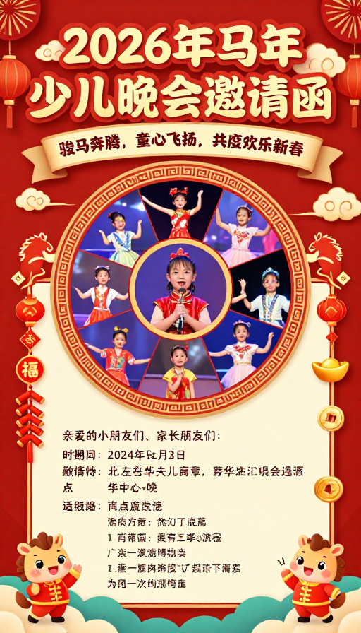 2026马年少儿春晚：红金中国风邀请函海报