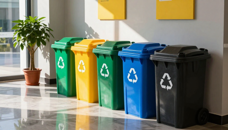 现代环保:彩色分类垃圾桶光影摄影展示