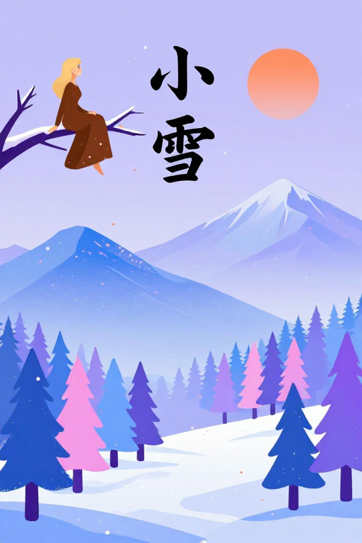 紫蓝渐变梦幻冬景：雪女静坐与‘小雪’文字