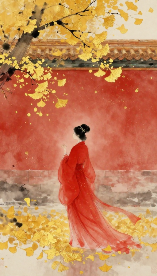 金秋红墙:水墨仕女的金箔岩彩古风画卷