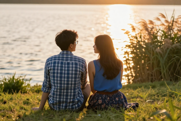 夕阳湖畔双人背影:温暖光影中的浪漫时刻
