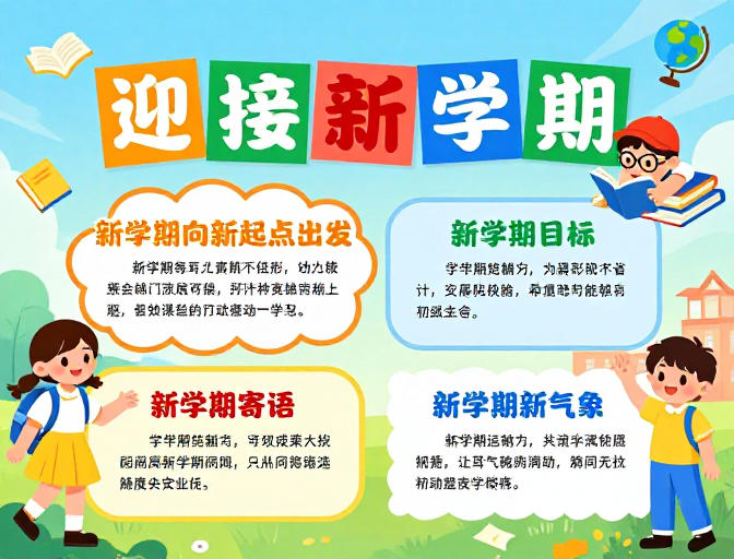 活力校园迎新:色彩鲜明的扁平化插画海报