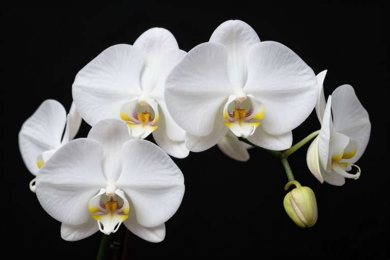 典雅白蝶兰花绽放于纯黑光影中