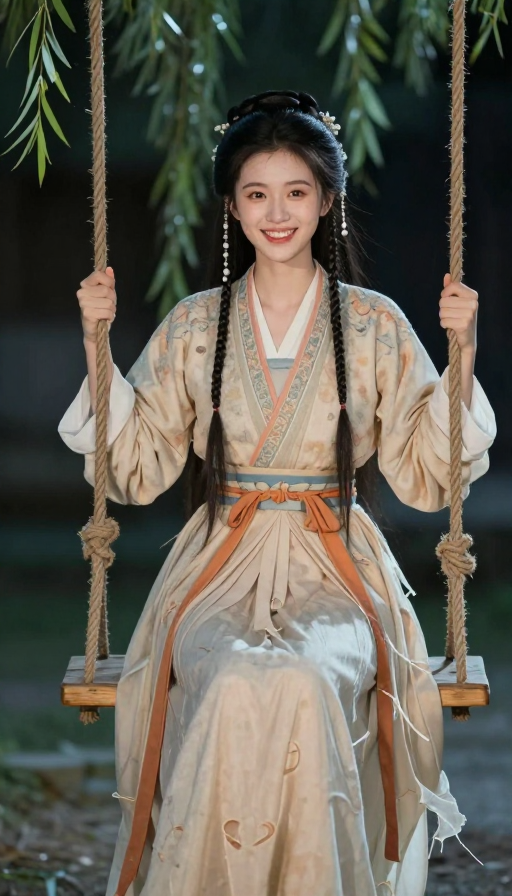 古风少女秋千笑影:破裙逆风·真实肌理电影感