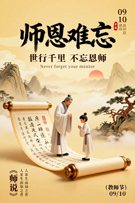 水墨金辉:师恩难忘教师节海报