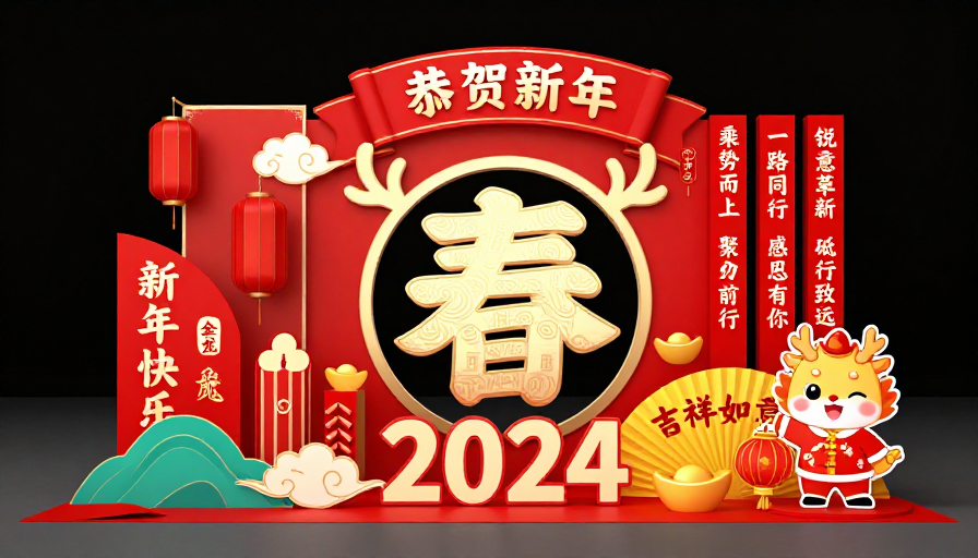 红色中国风新年美陈展台设计，金色春字与吉祥元素融合