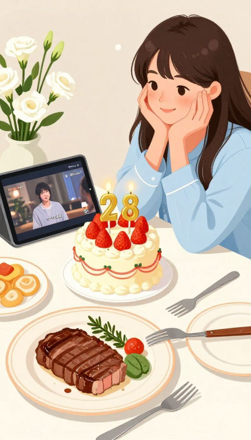 插画风生日宴:28岁女孩的草莓蛋糕与温馨时刻