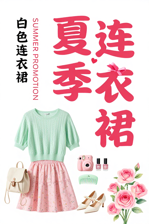 清新夏日连衣裙促销，粉绿配色甜美风设计