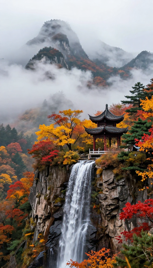 秋日仙境：云雾飞瀑古亭山景实拍
