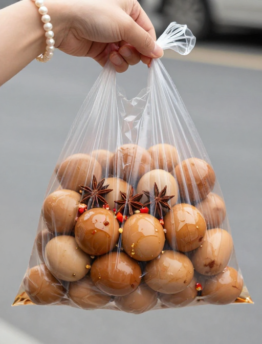 手拎百颗鲜亮卤蛋,珍珠手链点缀户外特写