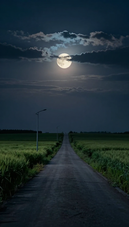 静谧乡村夜：云遮明月照麦田昏灯