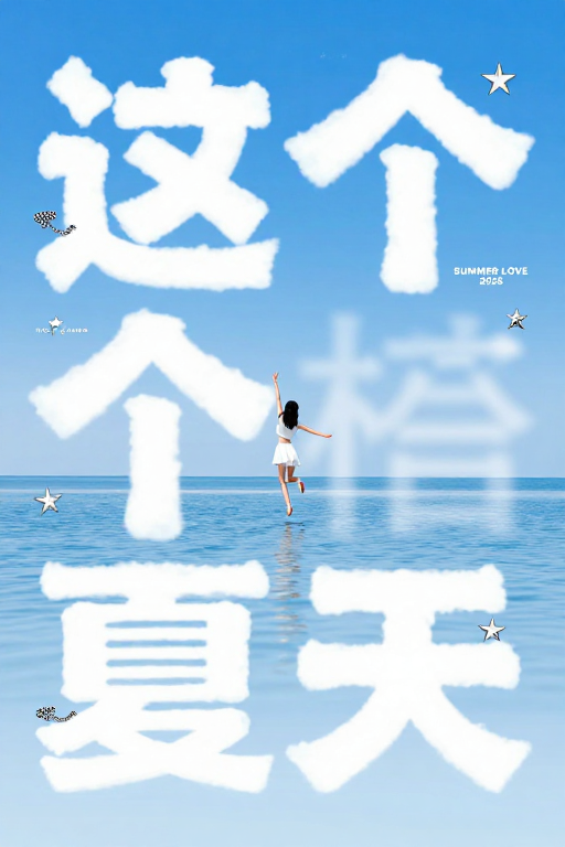 夏日云朵文字与跳跃少女 极简清新海报