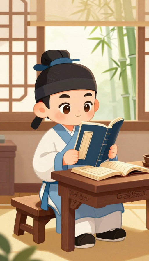 古代私塾童趣插画：蓝白书童捧书朗读