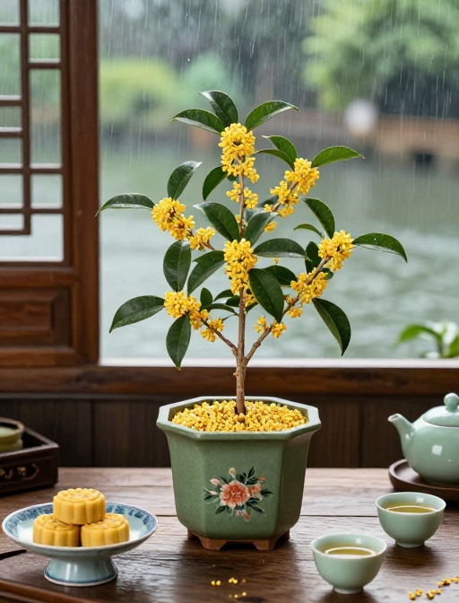 四季常开桂花盆栽,中式雅致生活图景