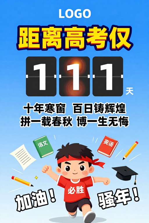 高考倒计时冲刺海报，活力少年激励画面设计