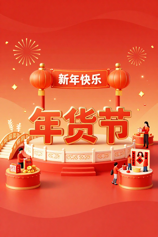 喜庆年货节:橙金渐变中国风立体插画