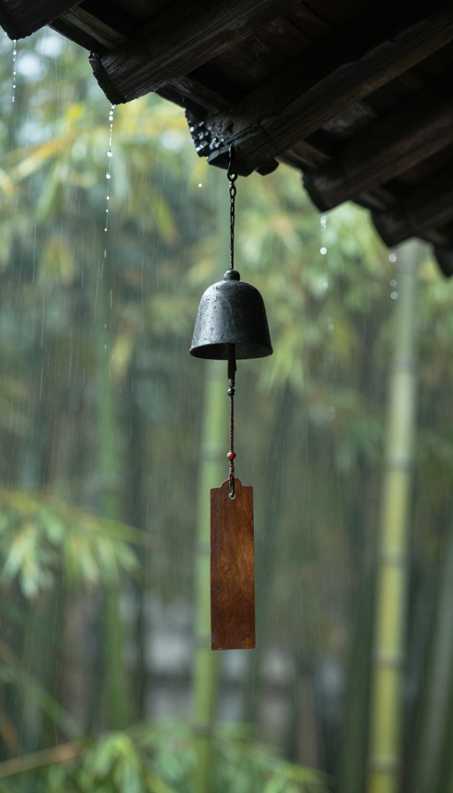 檐上风铃雨滴特写:超清竹林背景的自然诗意