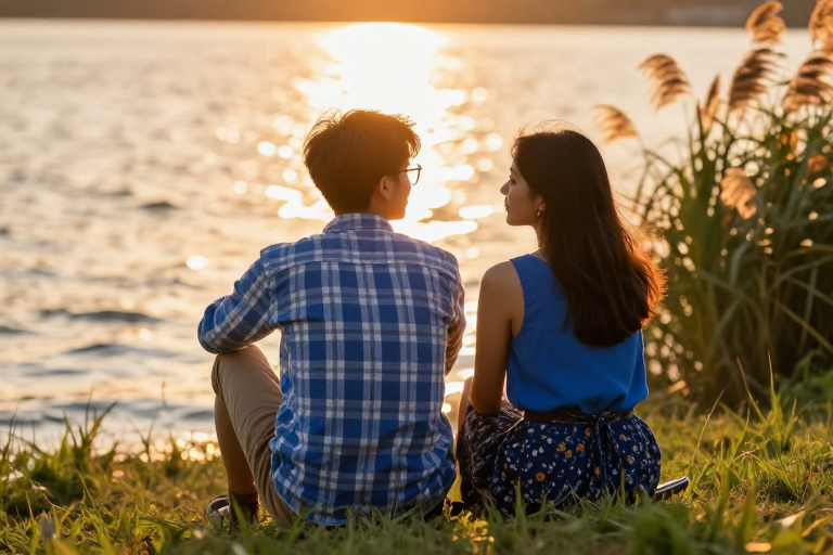 夕阳湖畔:情侣的浪漫剪影