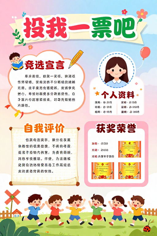童趣手绘竞选海报：色彩明快的校园风采展示