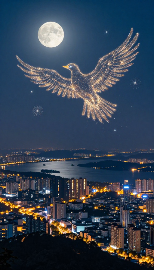 月光下的中国:璀璨夜景中的神话大鹏