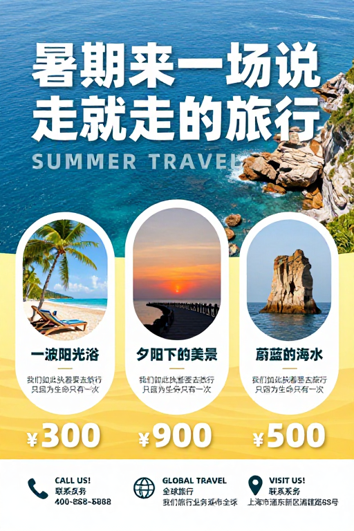 夏日说走就走的旅行海报:蓝黄渐变度假风光