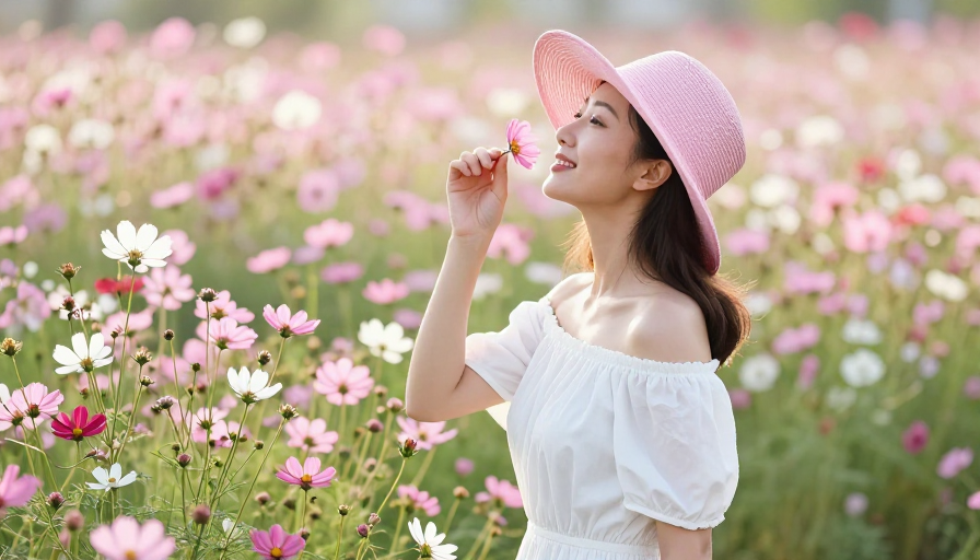 侧逆光下的波斯菊与微笑：亚洲女性时尚写真