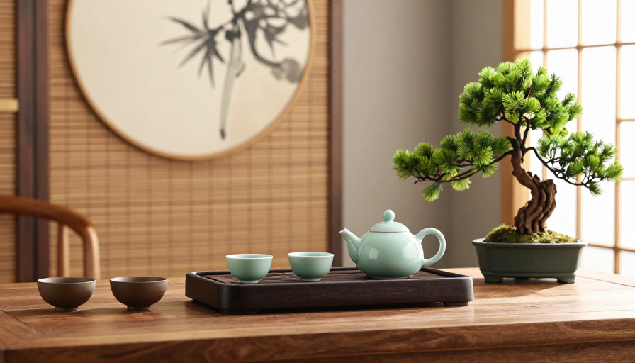暖棕中式茶席:青瓷与松景的静谧雅韵