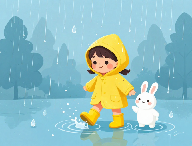 清新治愈雨天童话：黄衣女孩与兔子的温馨插画