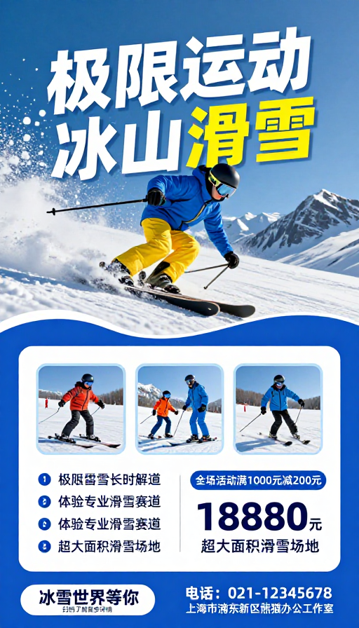 极限滑雪体验：蓝黄动感海报设计