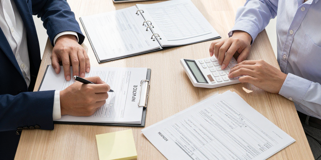 专业商务团队处理财务票据，高清摄影展现财税品质