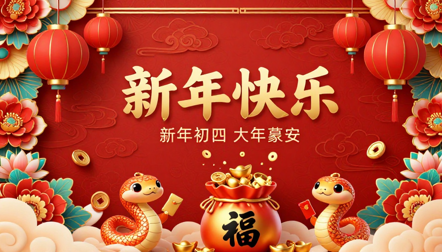 喜庆中国风新年海报：金色福袋与双蛇祥瑞祝福