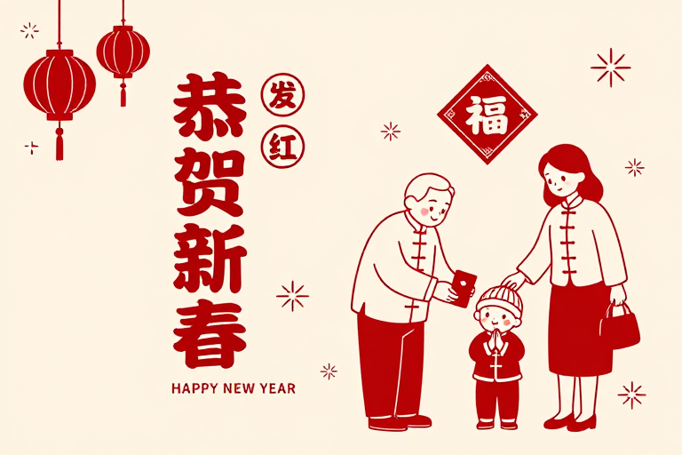 红白剪纸风新年贺岁背景插画