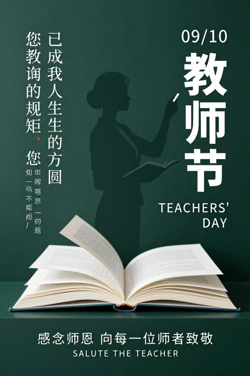 教师节致敬:深绿黑板上的教师剪影与书卷气