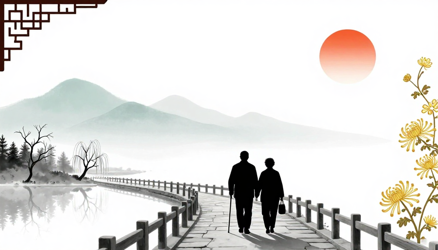 水墨岁月：老年夫妇背影与远山落日