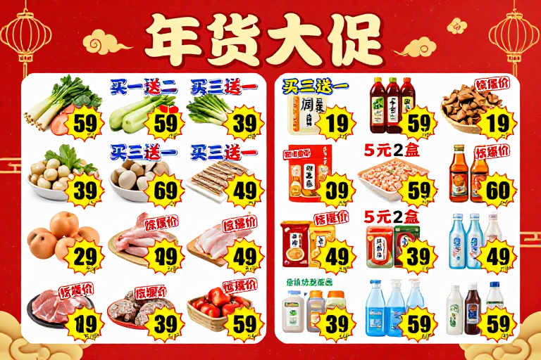 春节年货大促：高饱和红金配色生鲜零食海报