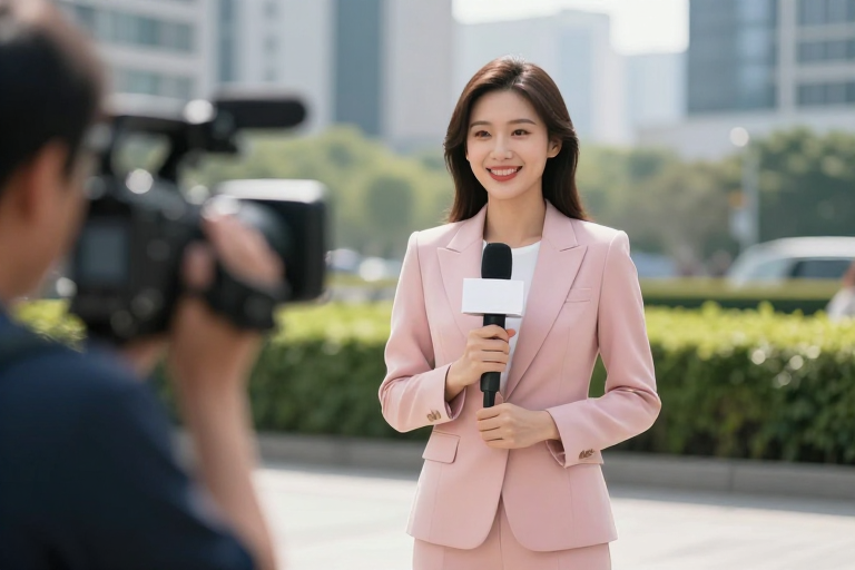 亚洲女记者自然播报侧逆光城市风光高清摄影