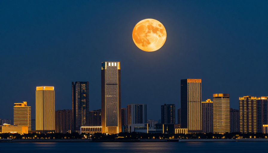 橙月辉耀现代都市夜景
